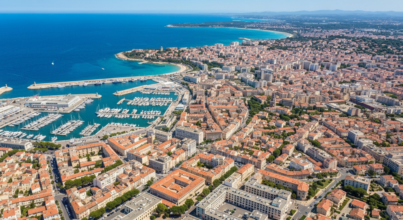 zone-intervention-toulon-delais-serrurier.png Vue aérienne de Toulon centre-ville et quartiers d'intervention pour ouverture de porte claquée
